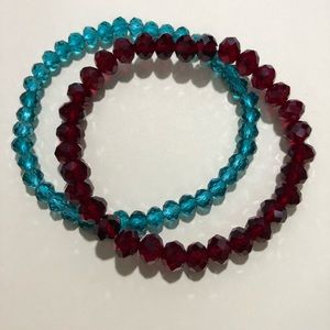 Red and teal color Rondelle Bead 2 Stretchy Bracelet